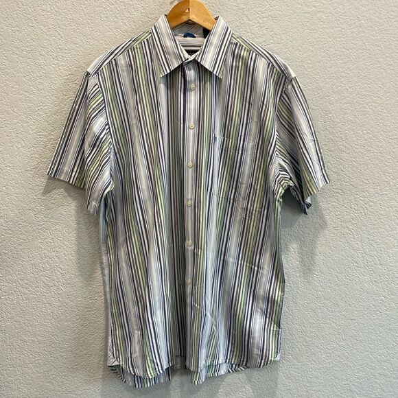 Izod Blue & Green Thin Stripe Cotton Short Sleeve Button Down Shirt Size Large - Picture 1 of 6